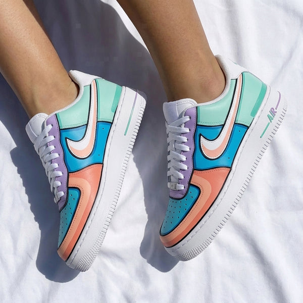 Custom AF 1s Shoes Purple Teal Blue Coral Cartoon Style Pattern-oicustom