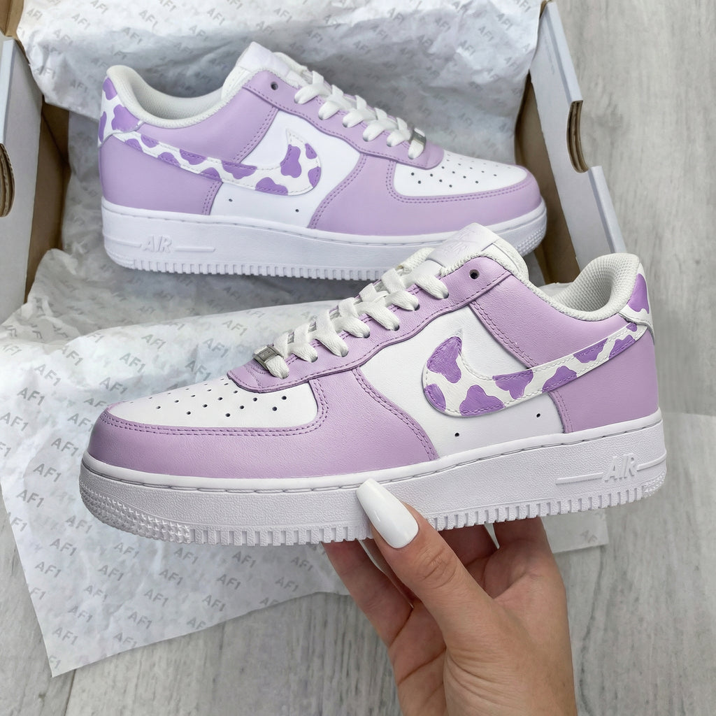 Custom AF 1s Shoes Purple White Cow Print-oicustom