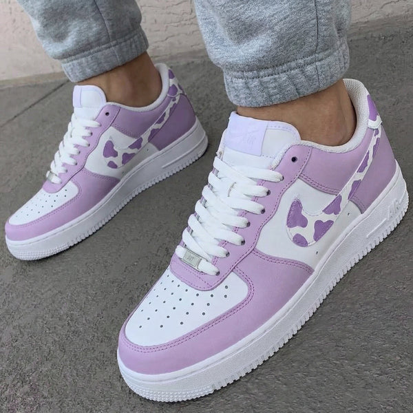 Custom AF 1s Shoes Purple White Cow Print-oicustom