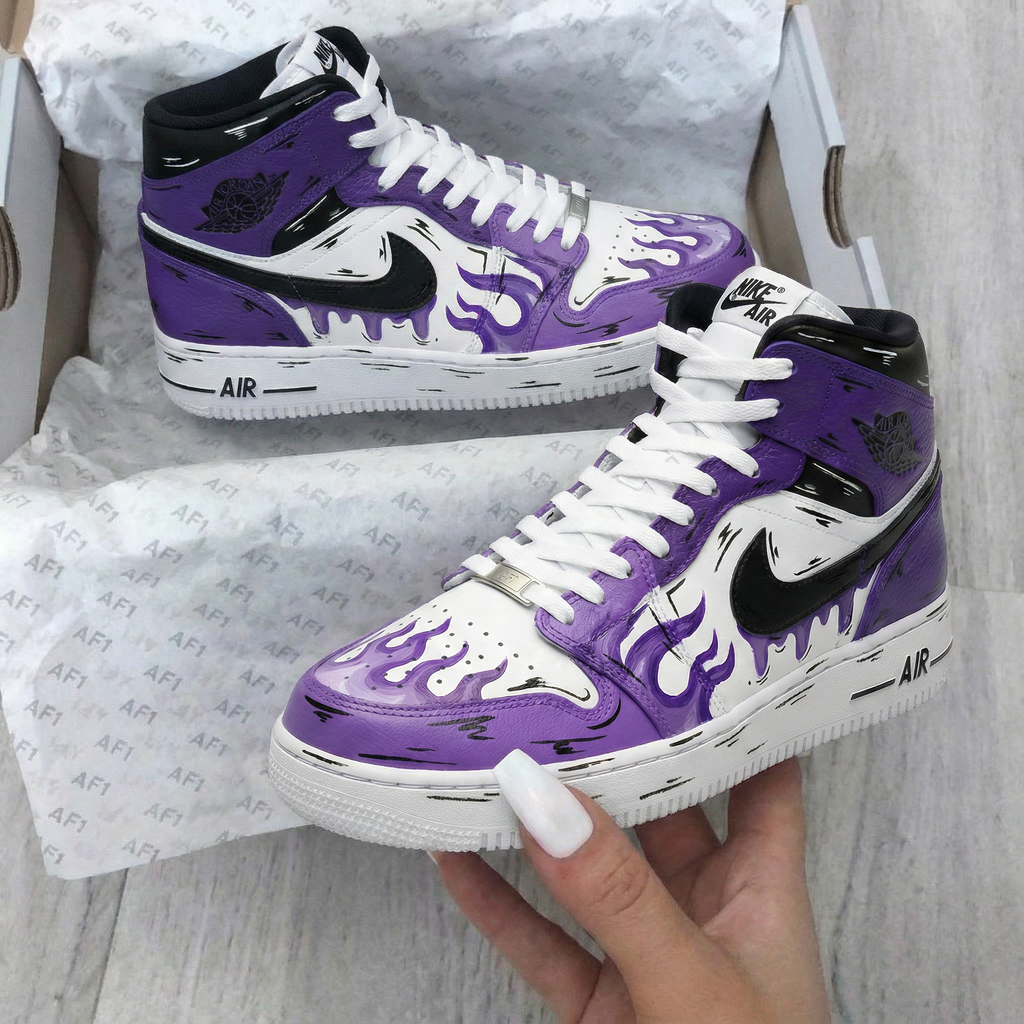 Custom AF 1s Shoes Purple White Flame Design-oicustom