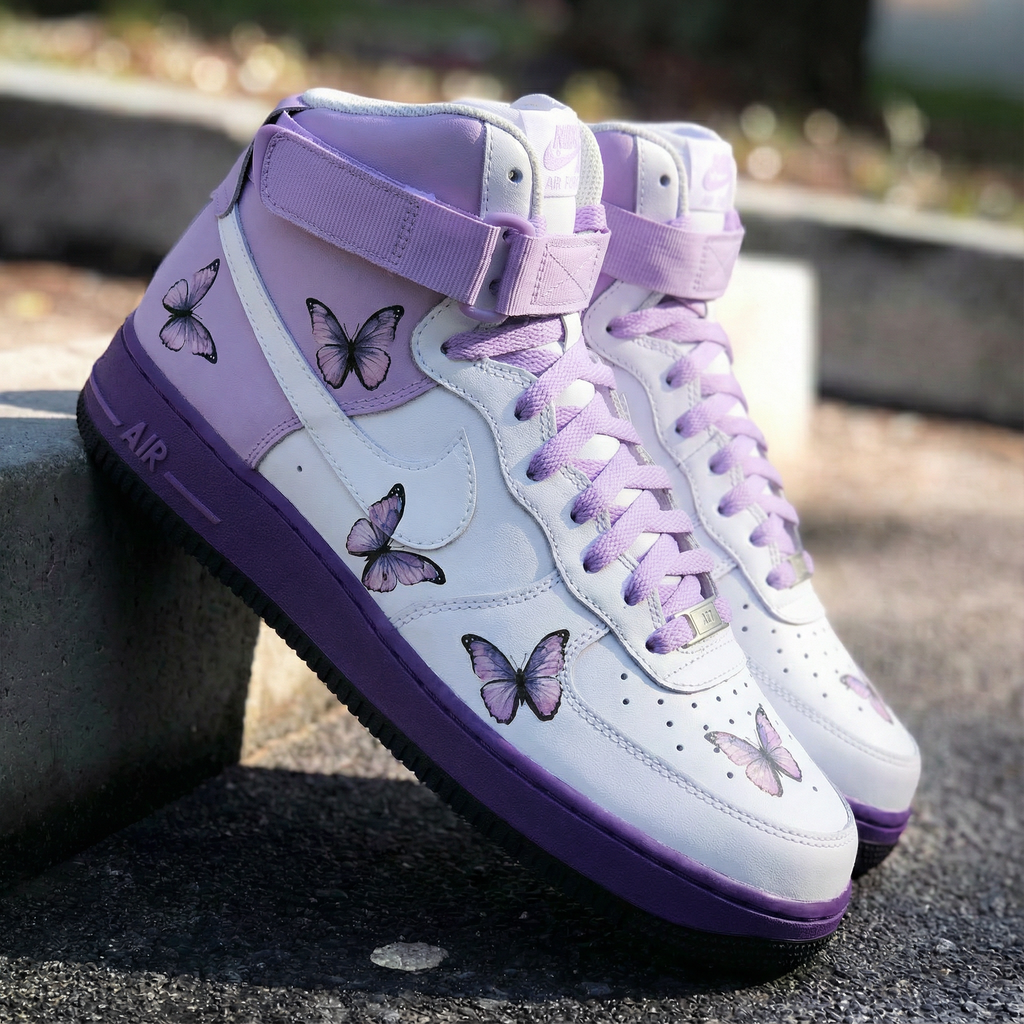Custom AF 1s Shoes Purple White with Butterflies-oicustom