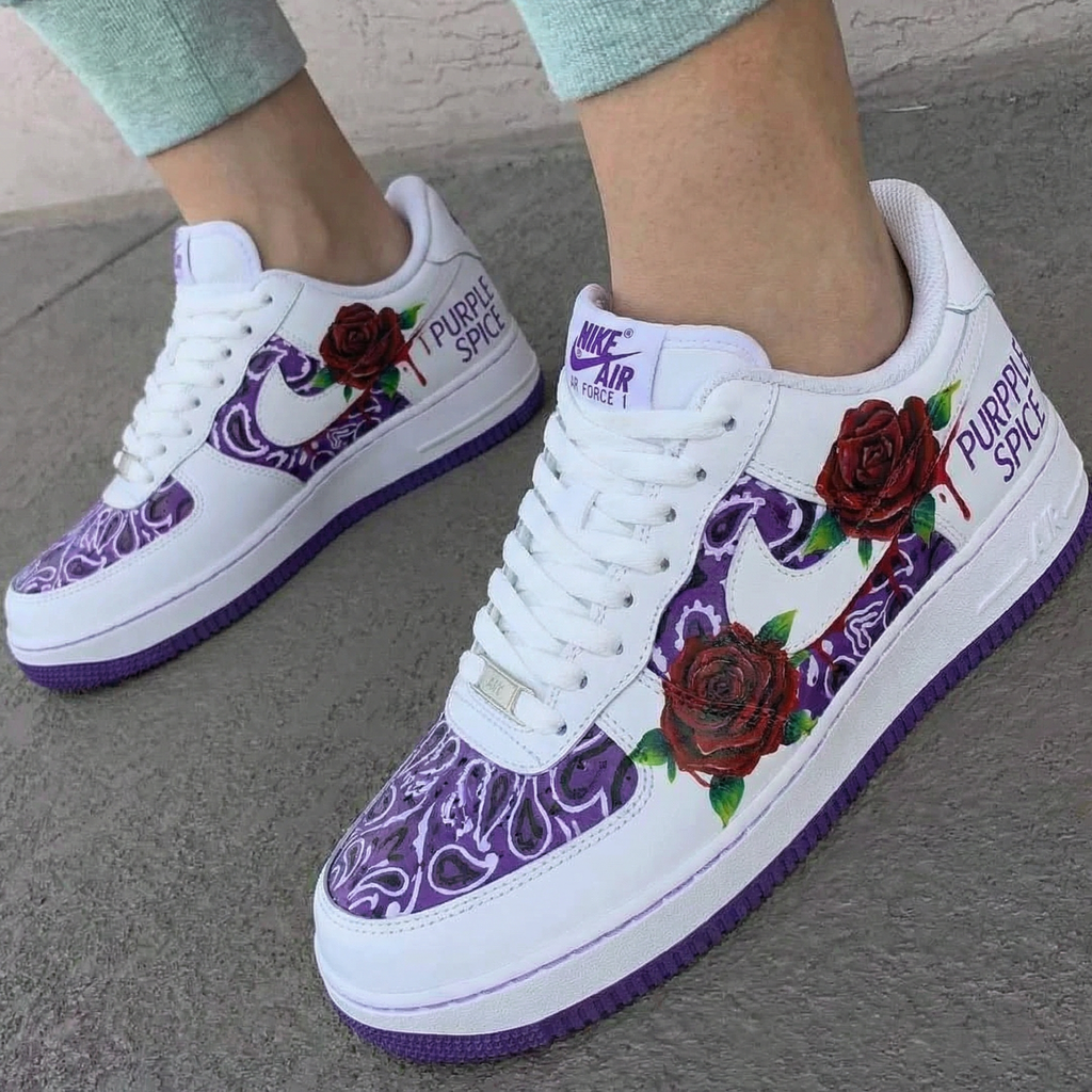 Custom AF 1s Shoes Purple with Rose and Paisley Patterns-oicustom