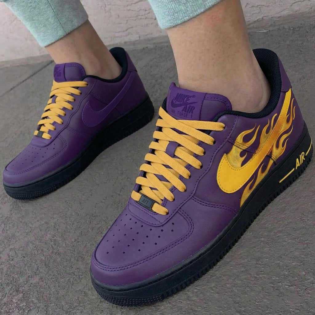 Custom AF 1s Shoes Purple Yellow Black Flame Pattern-oicustom