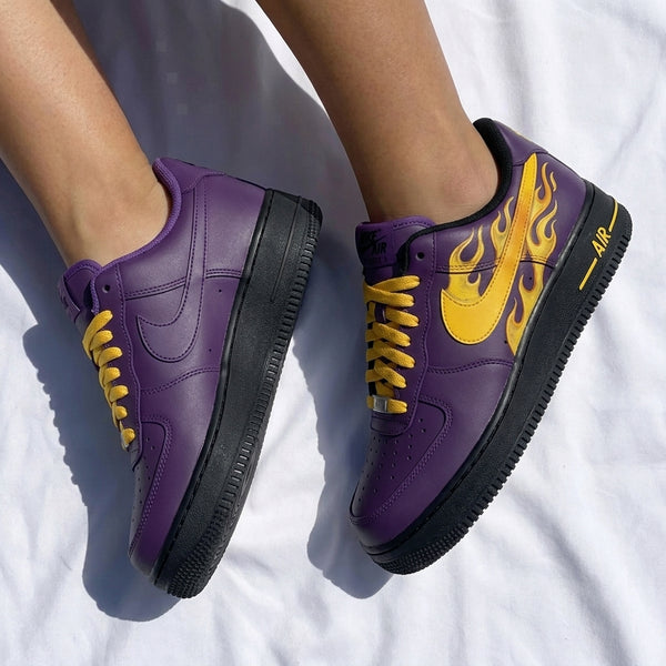 Custom AF 1s Shoes Purple Yellow Black Flame Pattern-oicustom