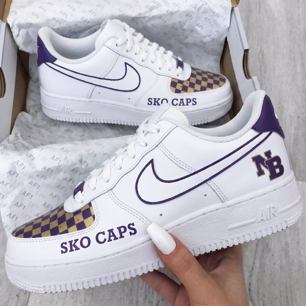 Custom AF 1s Shoes Purple Yellow Checkered Pattern SKO CAPS NB Logo-oicustom