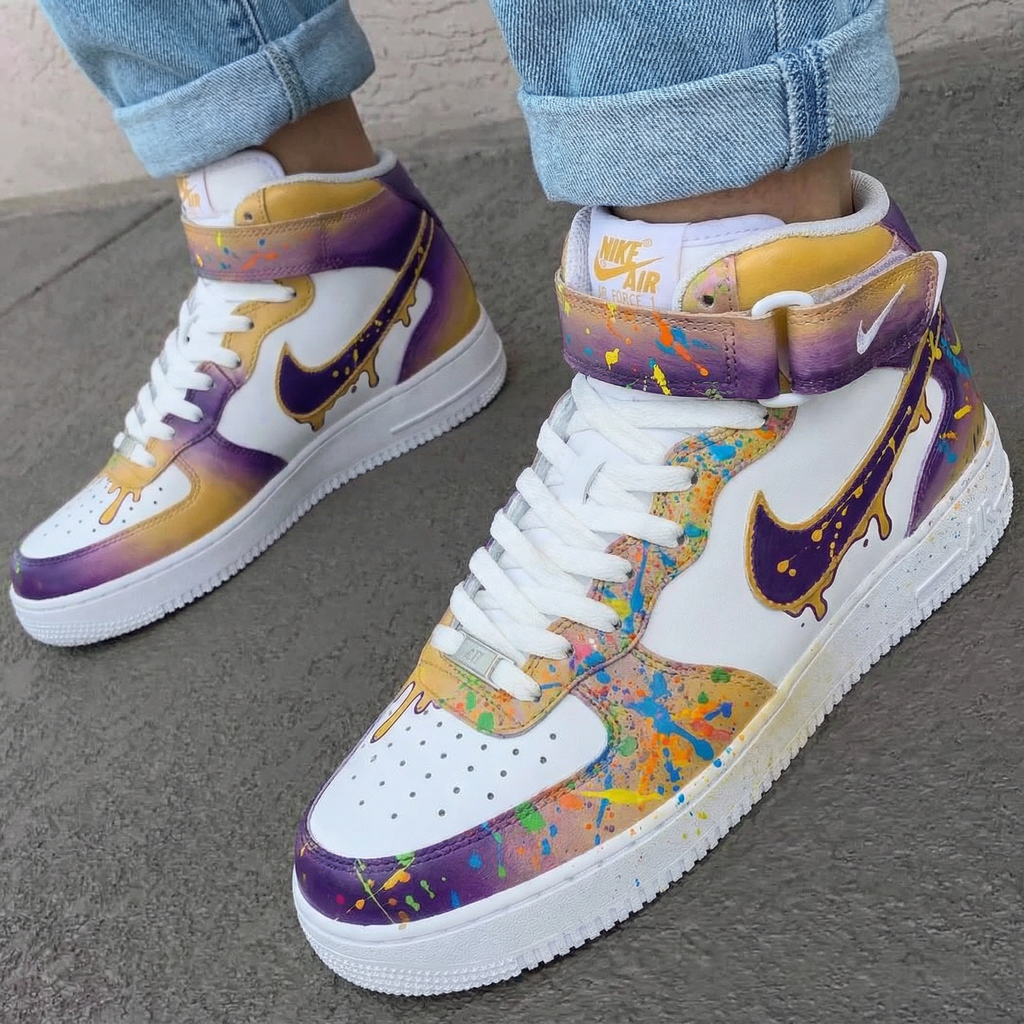 Custom AF 1s Shoes Purple Yellow with Splatter Paint Design-oicustom