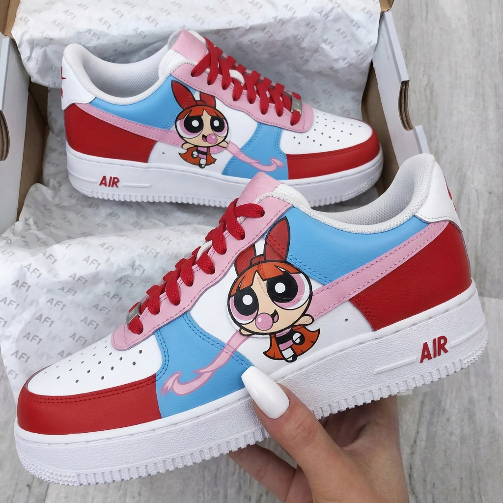 Custom AF 1s Shoes Red Baby Blue Baby Pink Powerpuff Girls-oicustom