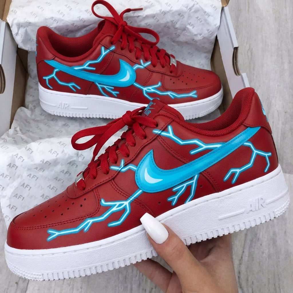 Custom AF 1s Shoes Red Baby Blue Lightning-oicustom