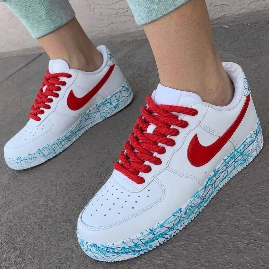 Custom AF 1s Shoes Red Baby Blue Scribble Thick Shoelaces-oicustom