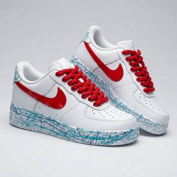 Custom AF 1s Shoes Red Baby Blue Scribble Thick Shoelaces-oicustom