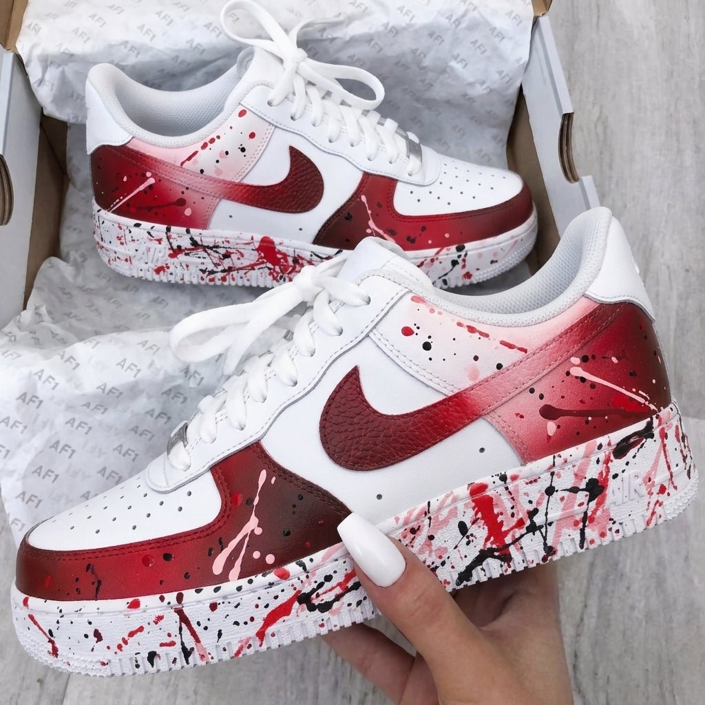Custom AF 1s Shoes Red Baby Pink Paint Splatter-oicustom