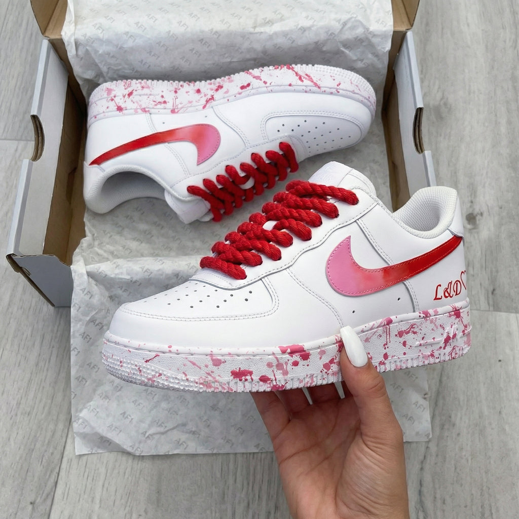 Custom AF 1s Shoes Red Baby Pink Splatter Gradient Swoosh Red Laces-oicustom