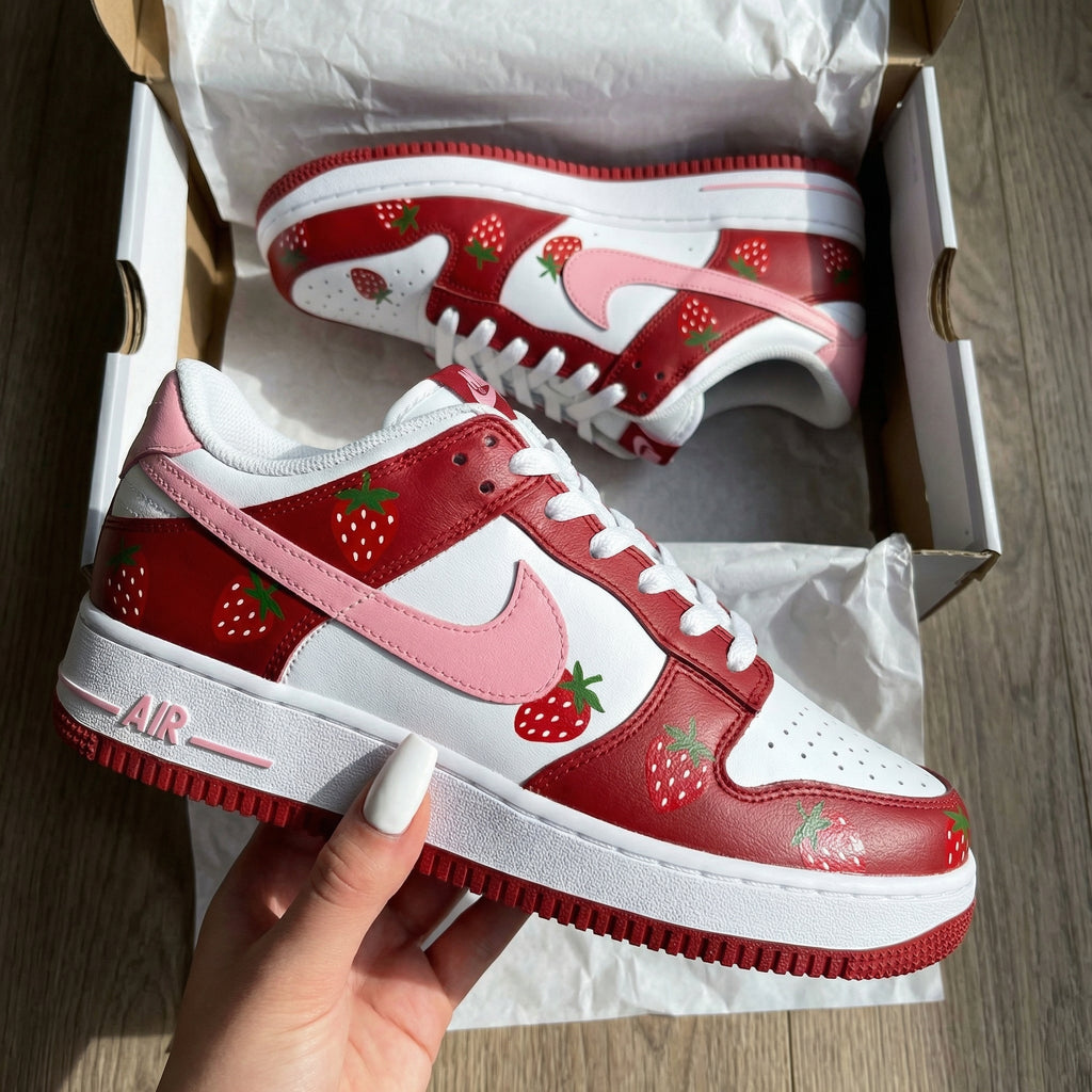 Custom AF 1s Shoes Red Baby Pink Strawberry Pattern-oicustom