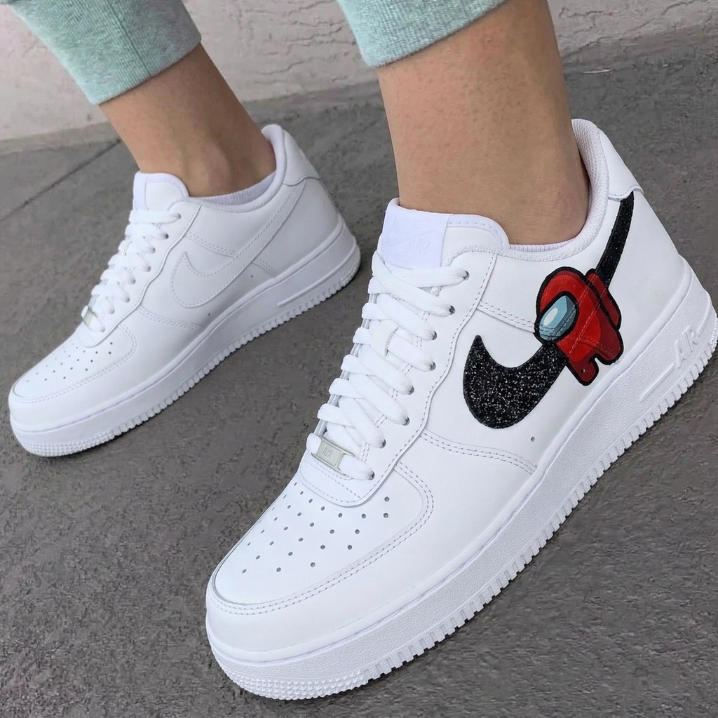 Custom AF 1s Shoes Red Black Among Us Red Crewmate Black Glitter Swoosh-oicustom