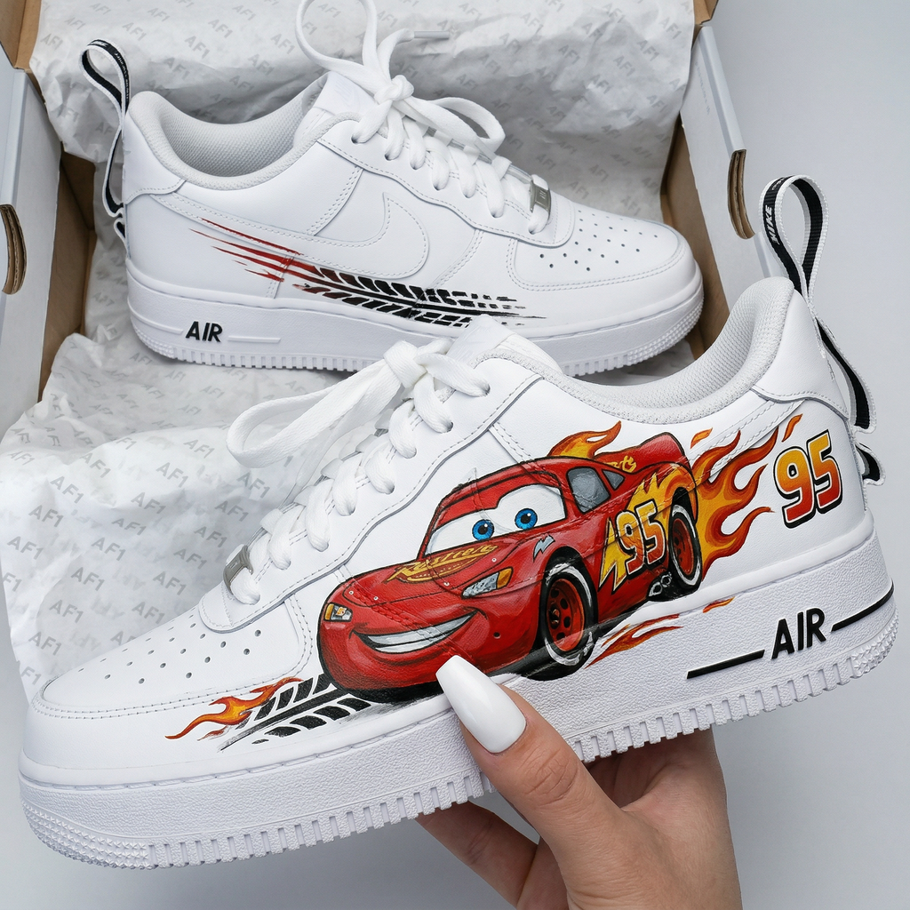 Custom AF 1s Shoes Red Black Cars Lightning McQueen 95 Flames Tire Tracks-oicustom
