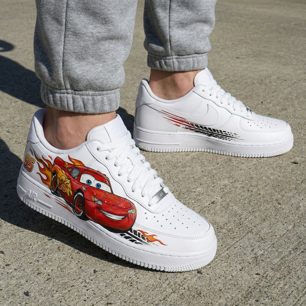 Custom AF 1s Shoes Red Black Cars Lightning McQueen 95 Flames Tire Tracks-oicustom