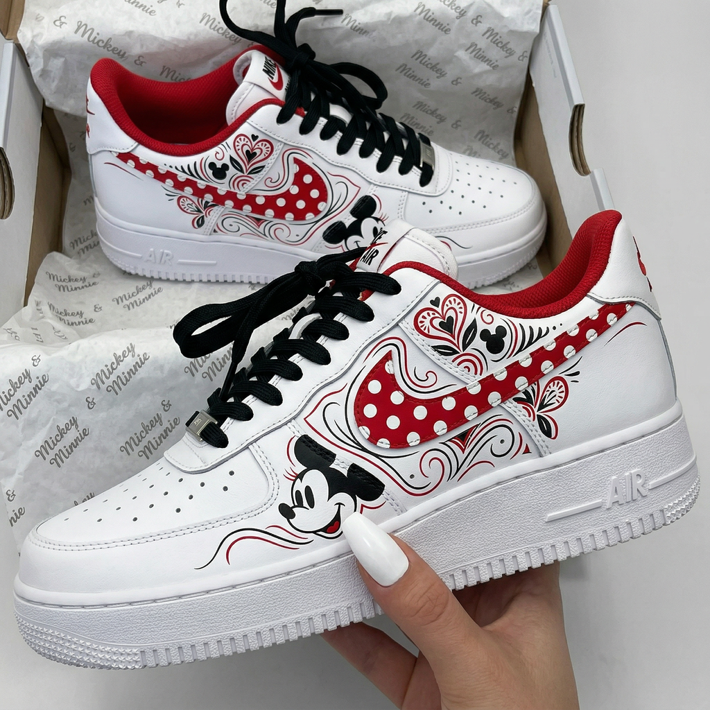 Custom AF 1s Shoes Red Black Mickey Minnie Polka Dots Hearts-oicustom