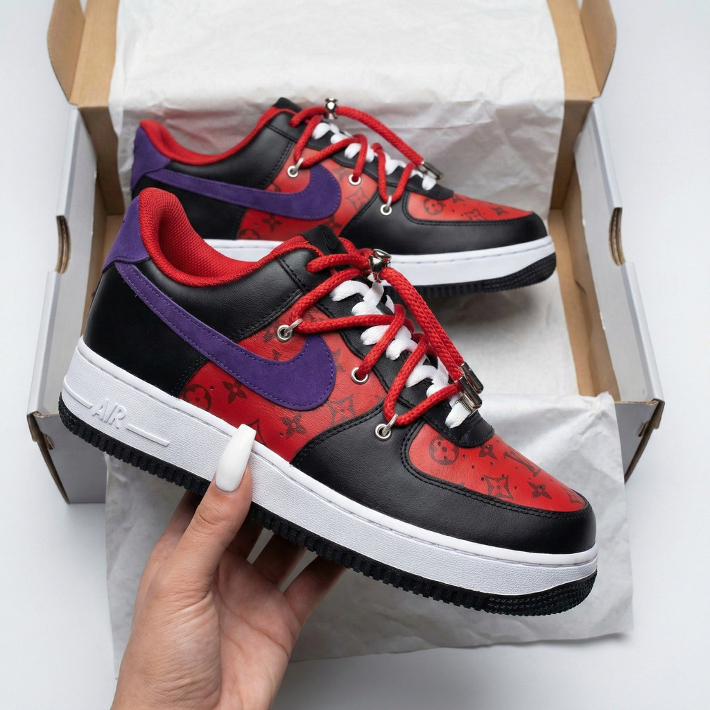 Custom AF 1s Shoes Red Black Purple LV Pattern-oicustom