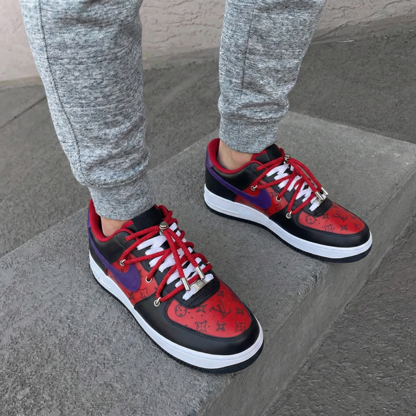 Custom AF 1s Shoes Red Black Purple LV Pattern-oicustom
