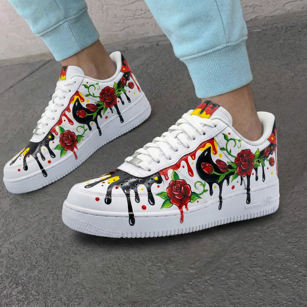 Custom AF 1s Shoes Red Black Rose Pattern-oicustom