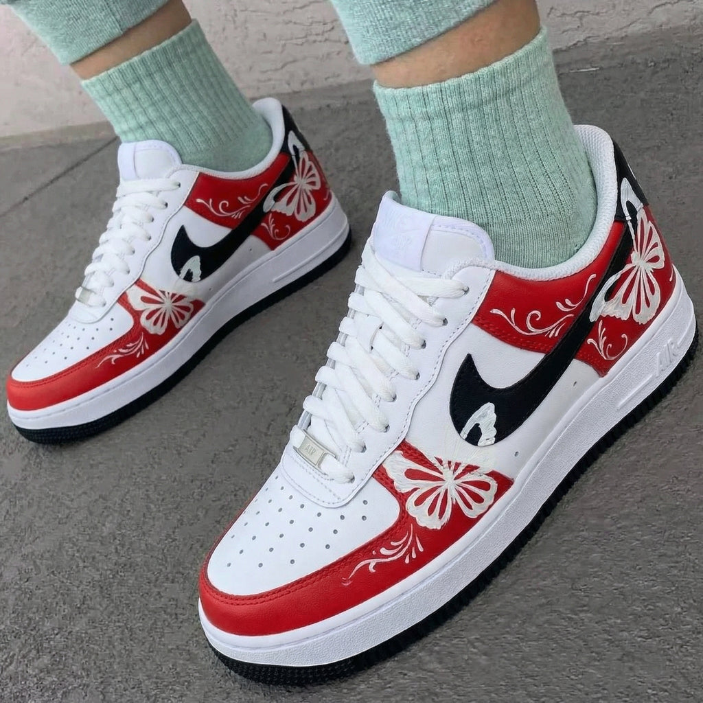 Custom AF 1s Shoes Red Black with Butterflies-oicustom