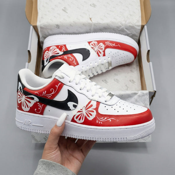 Custom AF 1s Shoes Red Black with Butterflies-oicustom