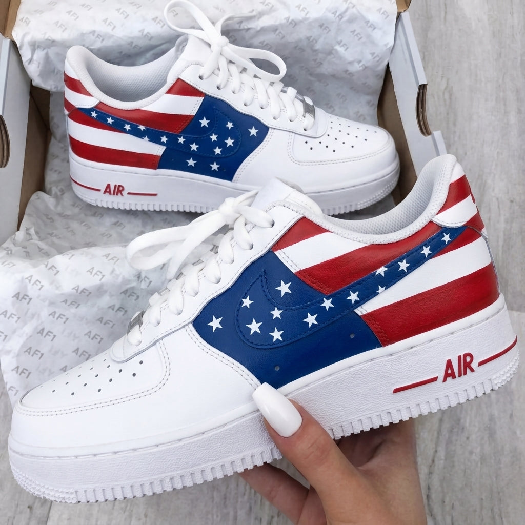 Custom AF 1s Shoes Red Blue American Flag Pattern-oicustom