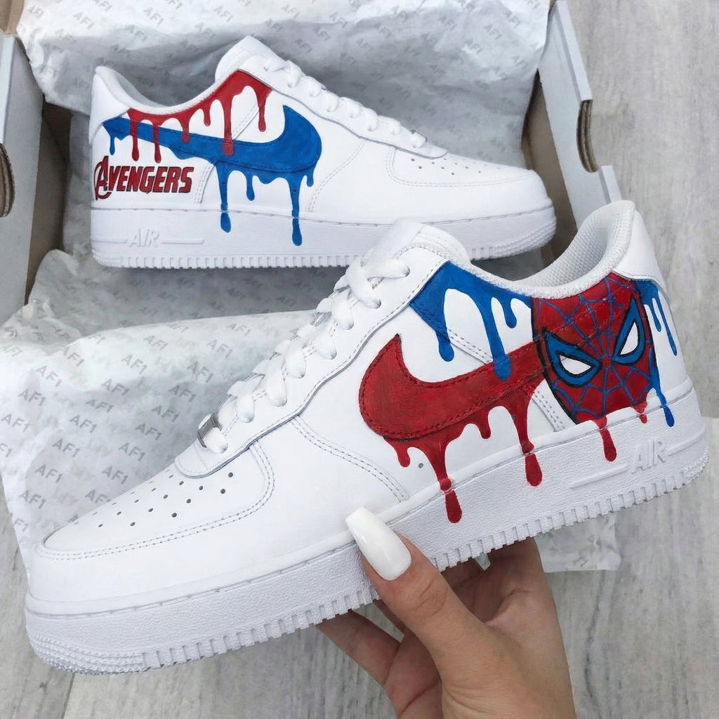 Custom AF 1s Shoes Red Blue Avengers Spiderman Drip Paint-oicustom