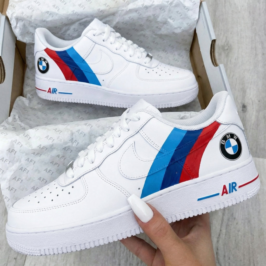 Custom AF 1s Shoes Red Blue BMW Logo-oicustom