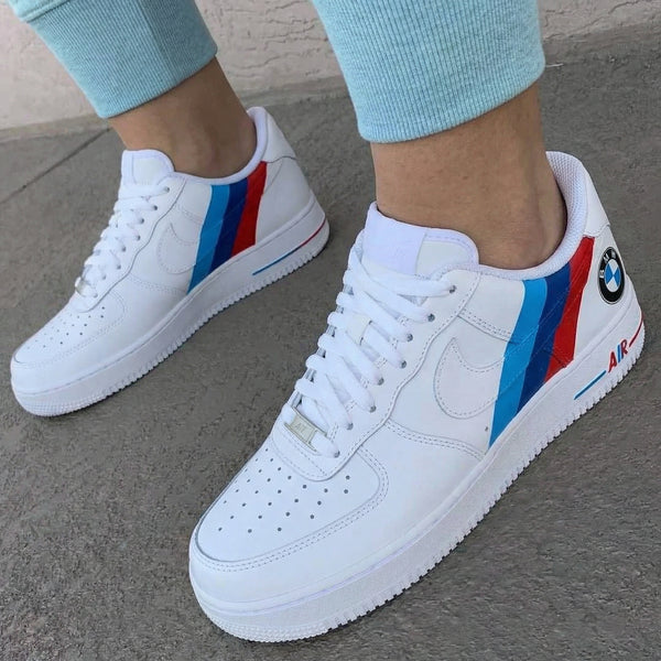 Custom AF 1s Shoes Red Blue BMW Logo-oicustom