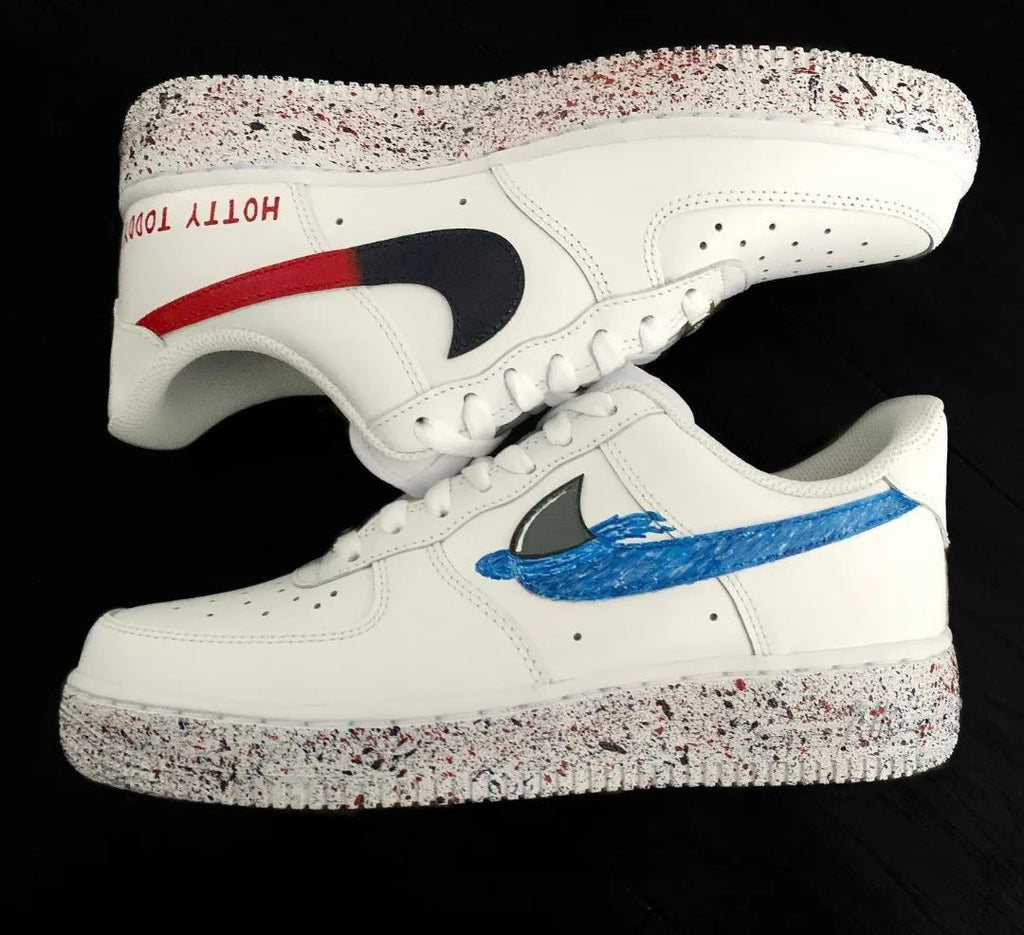 Custom AF 1s Shoes Red Blue Graphics and Speckled Soles-oicustom