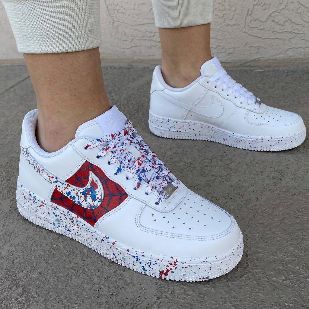 Custom AF 1s Shoes Red Blue Spider Web Splatter Paint-oicustom