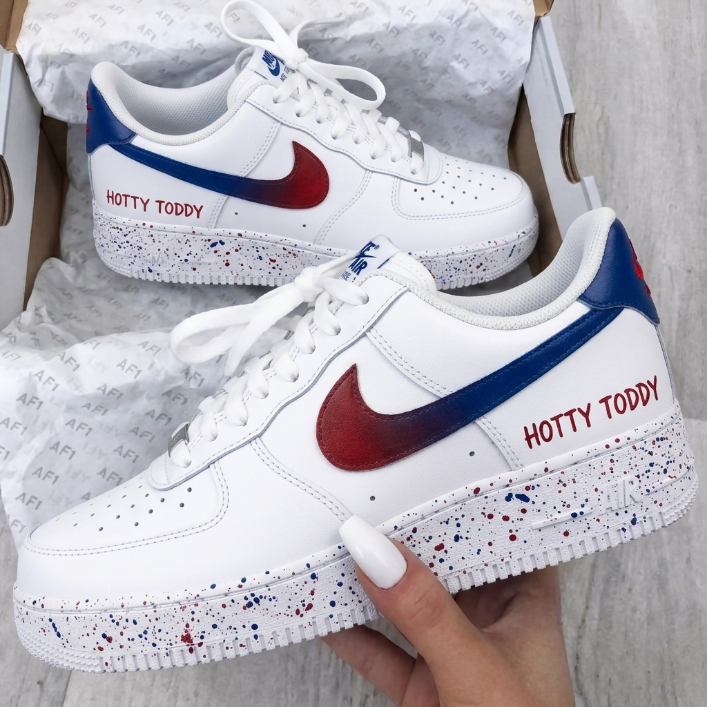 Custom AF 1s Shoes Red Blue Splatter Hotty Toddy-oicustom