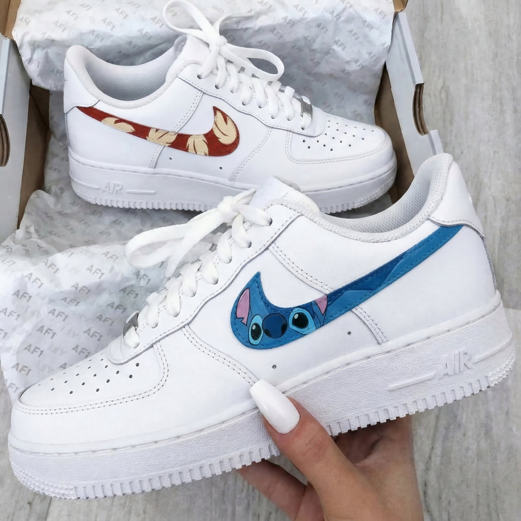Custom AF 1s Shoes Red Blue Stitch Leaf Cartoon-oicustom