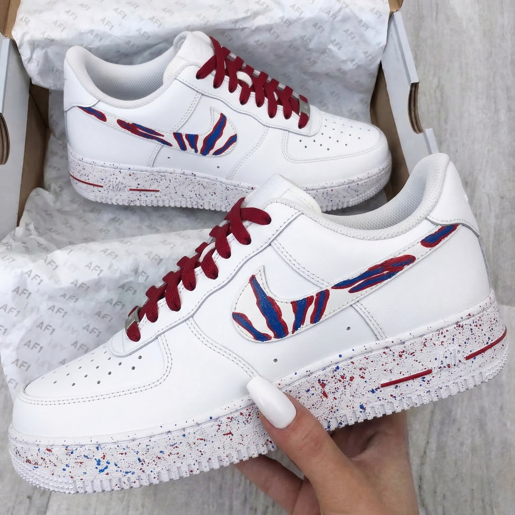 Custom AF 1s Shoes Red Blue Zebra Stripes Speckled Sole-oicustom