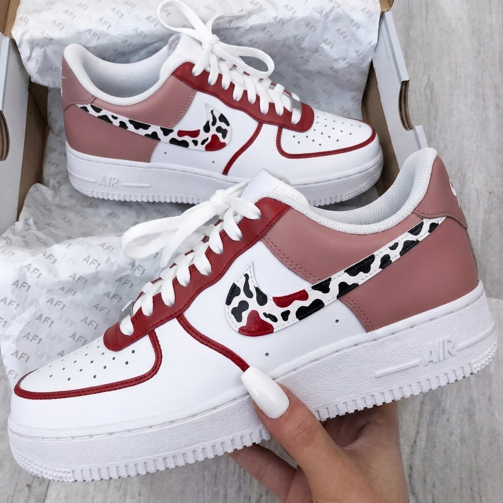 Custom AF 1s Shoes Red Dusty Pink Cow Print-oicustom