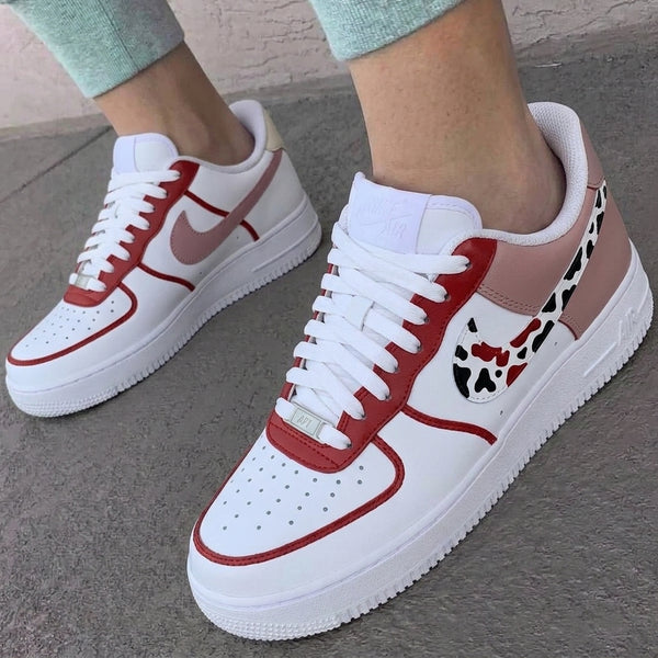 Custom AF 1s Shoes Red Dusty Pink Cow Print-oicustom