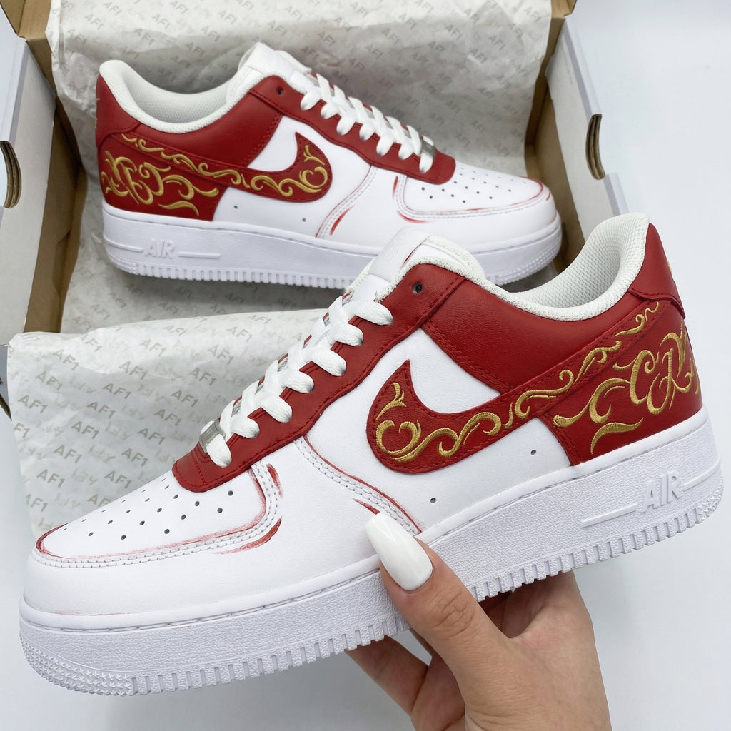 Custom AF 1s Shoes Red Golden Ornate Patterns-oicustom