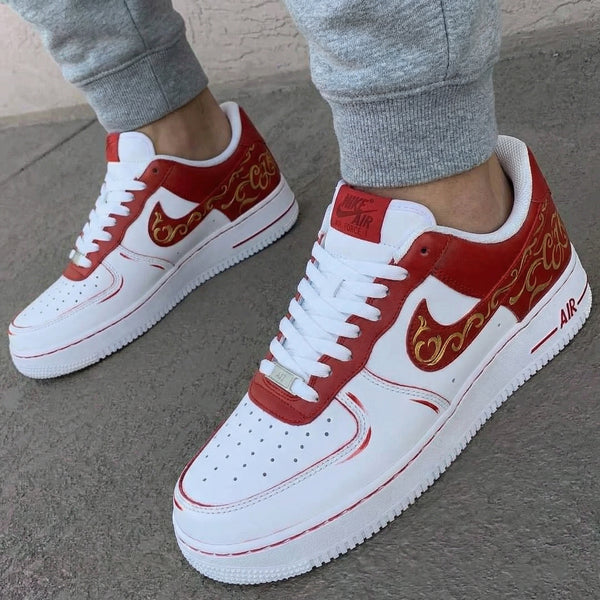 Custom AF 1s Shoes Red Golden Ornate Patterns-oicustom