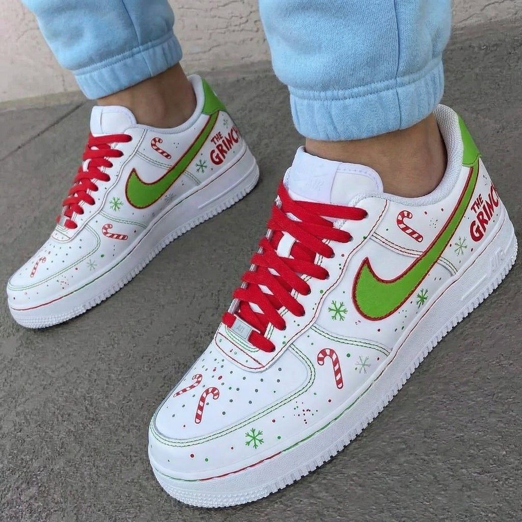 Custom AF 1s Shoes Red Green The Grinch Candy Canes Snowflakes-oicustom