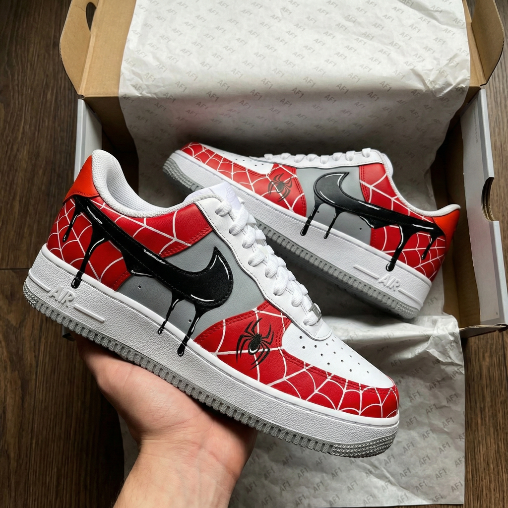Custom AF 1s Shoes Red Grey Black Spider Web Spiders Pattern-oicustom