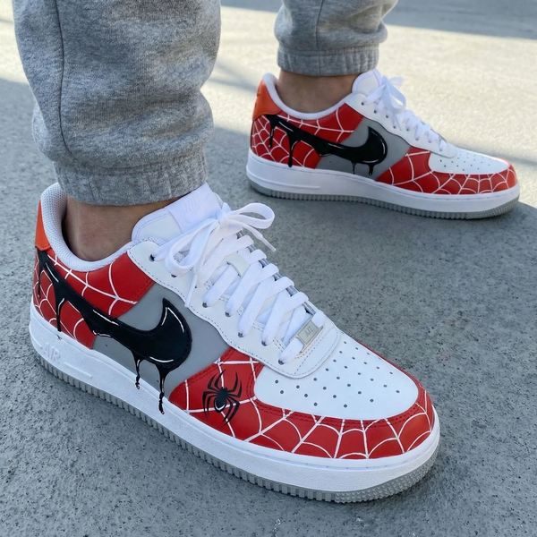 Custom AF 1s Shoes Red Grey Black Spider Web Spiders Pattern-oicustom