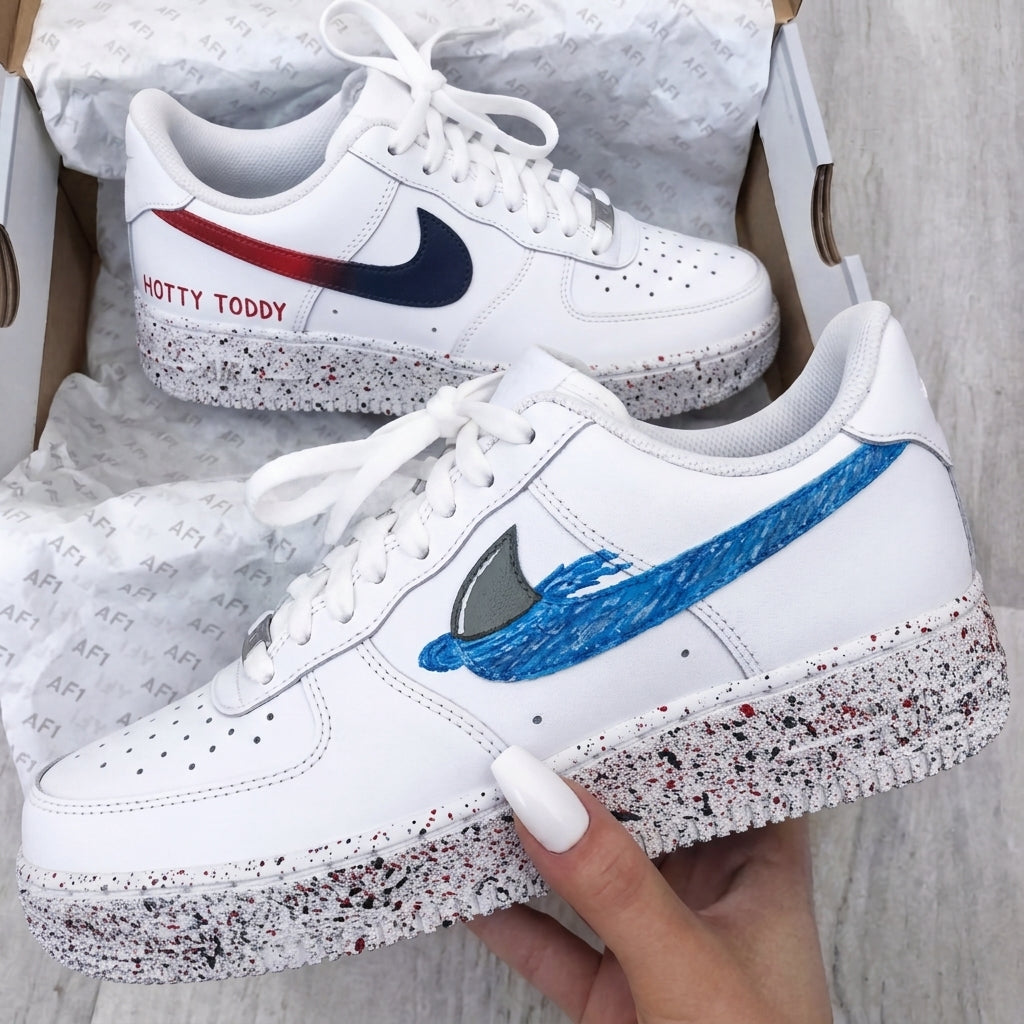 Custom AF 1s Shoes Red Navy Blue Shark Fin Speckled Sole-oicustom