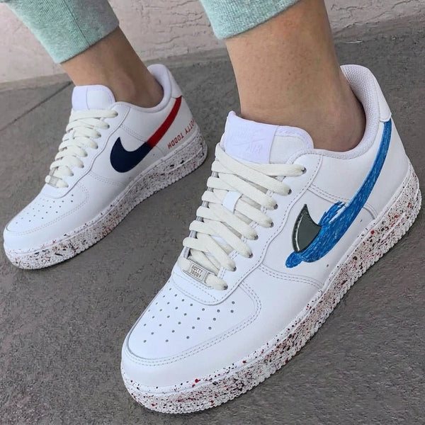 Custom AF 1s Shoes Red Navy Blue Shark Fin Speckled Sole-oicustom