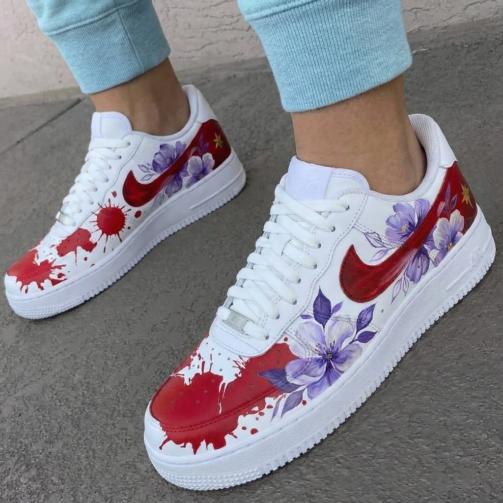 Custom AF 1s Shoes Red Purple Floral and Splatter Design-oicustom