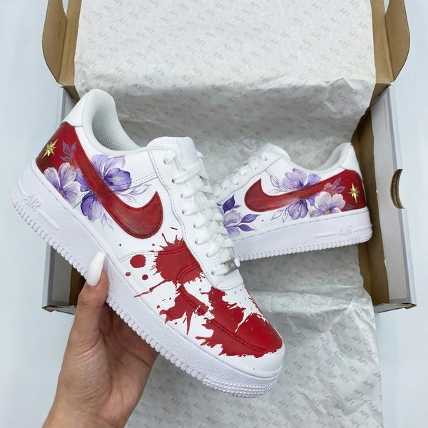 Custom AF 1s Shoes Red Purple Floral and Splatter Design-oicustom