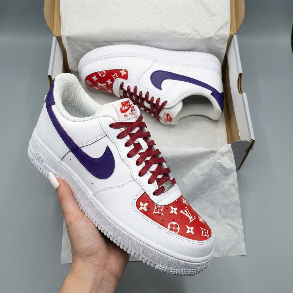 Custom AF 1s Shoes Red Purple LV Pattern-oicustom