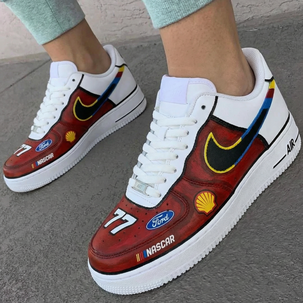 Custom AF 1s Shoes Red White NASCAR Ford Shell Design-oicustom