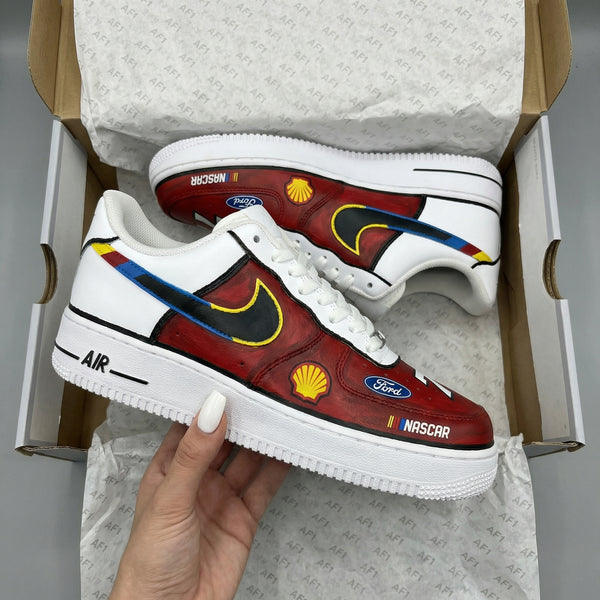 Custom AF 1s Shoes Red White NASCAR Ford Shell Design-oicustom