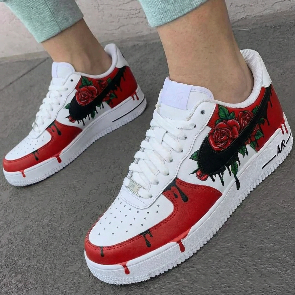 Custom AF 1s Shoes Red White Rose Pattern-oicustom